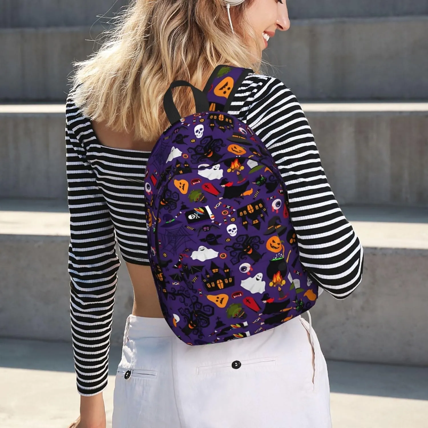 Happy Halloween Bats Witchs Spider Web Pumpkin Skull Bone Canvas Backpacks Laptop Backpack Multipurpose Double Shoulder Bag for Men Women Gifts Medium