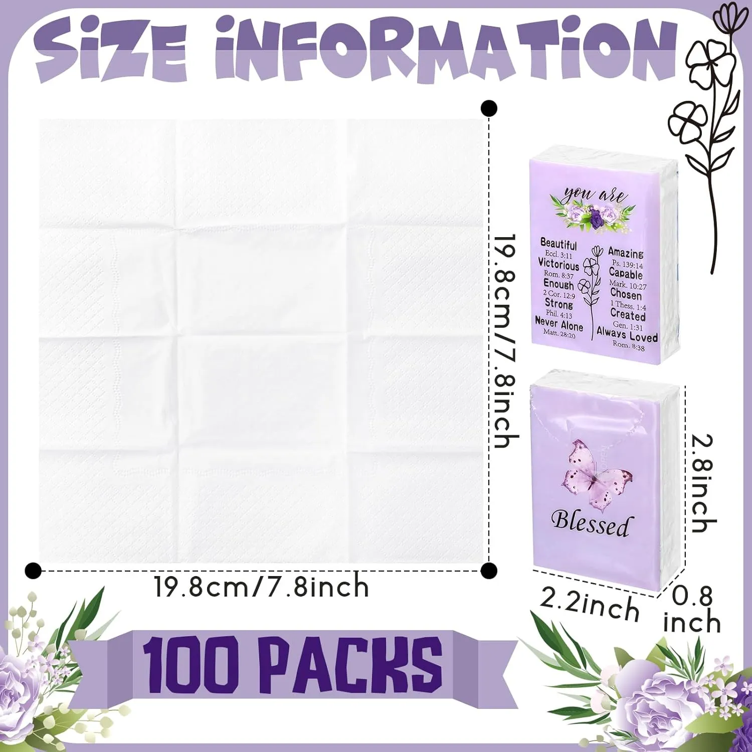Harloon 100 Pack Christian Facial Tissues Purple Butterfly Pocket Wallet Size Travel Tissues Individual 3 Ply for Wedding Travelling Graduation, 7 Sheets Per Pack