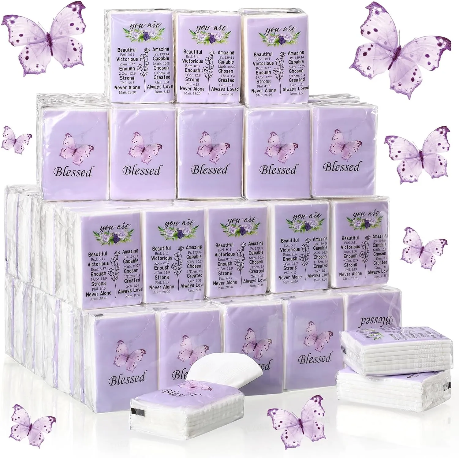 Harloon 100 Pack Christian Facial Tissues Purple Butterfly Pocket Wallet Size Travel Tissues Individual 3 Ply for Wedding Travelling Graduation, 7 Sheets Per Pack
