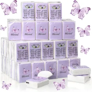 Harloon 100 Pack Christian Facial Tissues Purple Butterfly Pocket Wallet Size Travel Tissues Individual 3 Ply for Wedding Travelling Graduation, 7 Sheets Per Pack