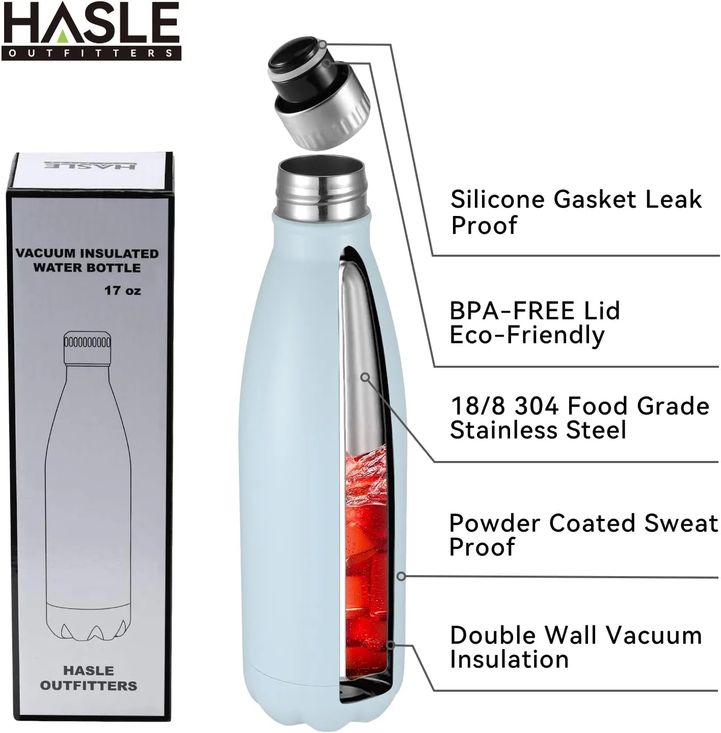 HASLE OUTFITTERS 17oz Stainless Steel Water Bottles Bulk, Vacuum Insulated Water Bottles Double Walled Reusable Metal Sports Water Bottles Keep Drinks Hot and Cold, Light Blue, 4Packs