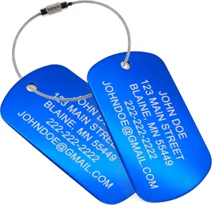 High Visibility Durable Anodized Aluminum Luggage Tags - 2 Pack, Customizable Travel ID Tag for Luggage, Golf Bags & More - Personalized Imprinted ID Tags (Blue)