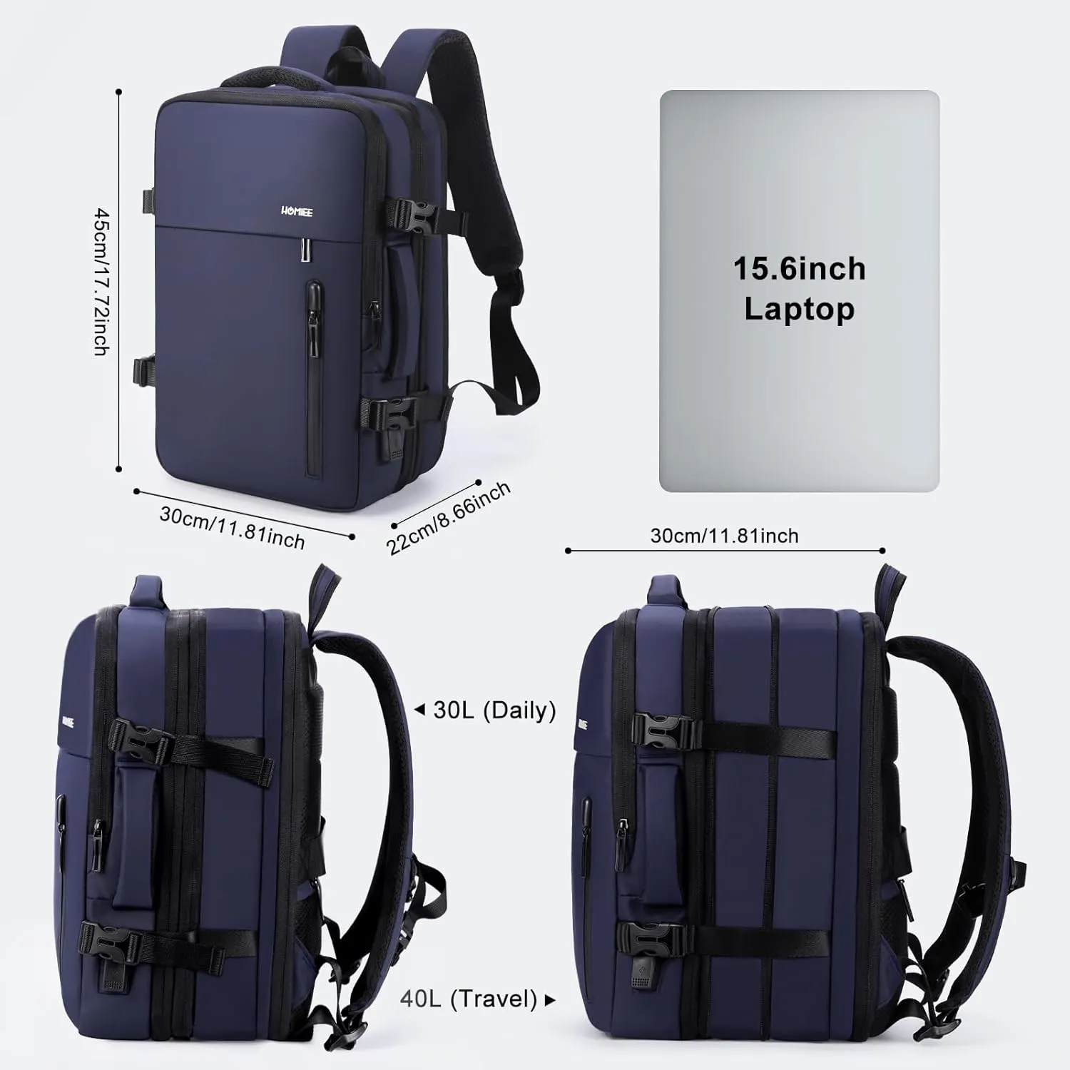 HOMIEE Carry on Backpack Extra Large Travel Bag, Expandable Hand Luggage Suitcase Anti-Theft Business Backpack, Water Resistant Lightweight Weekender Bag, Blue