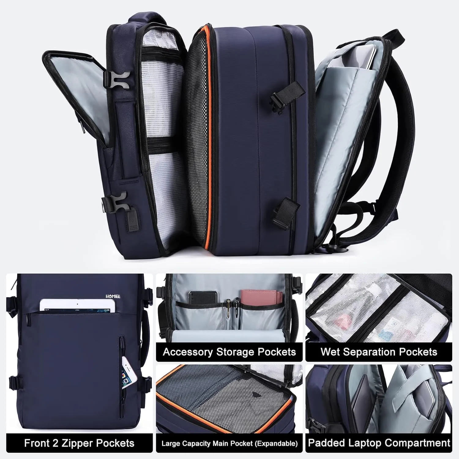 HOMIEE Carry on Backpack Extra Large Travel Bag, Expandable Hand Luggage Suitcase Anti-Theft Business Backpack, Water Resistant Lightweight Weekender Bag, Blue