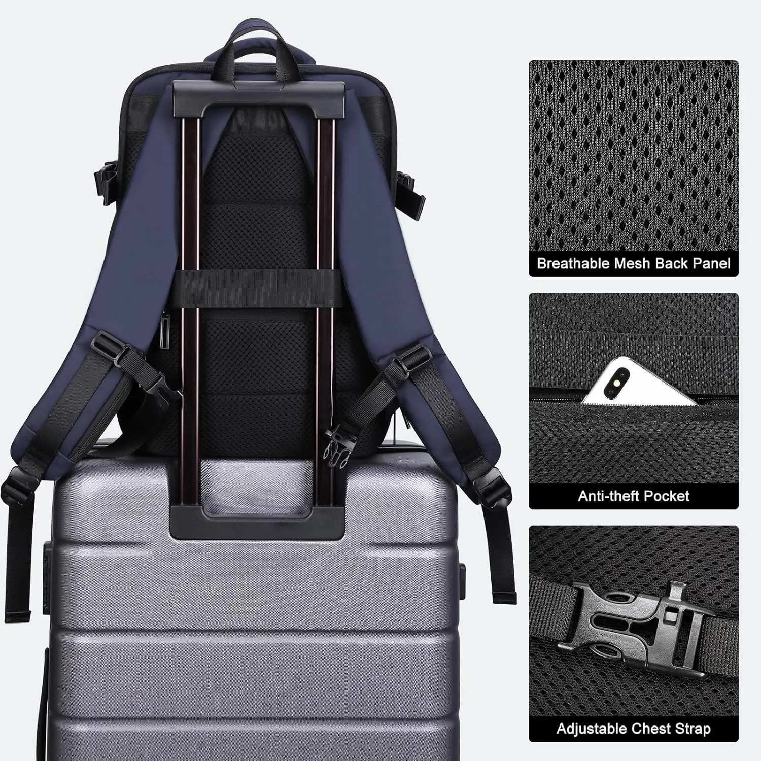 HOMIEE Carry on Backpack Extra Large Travel Bag, Expandable Hand Luggage Suitcase Anti-Theft Business Backpack, Water Resistant Lightweight Weekender Bag, Blue