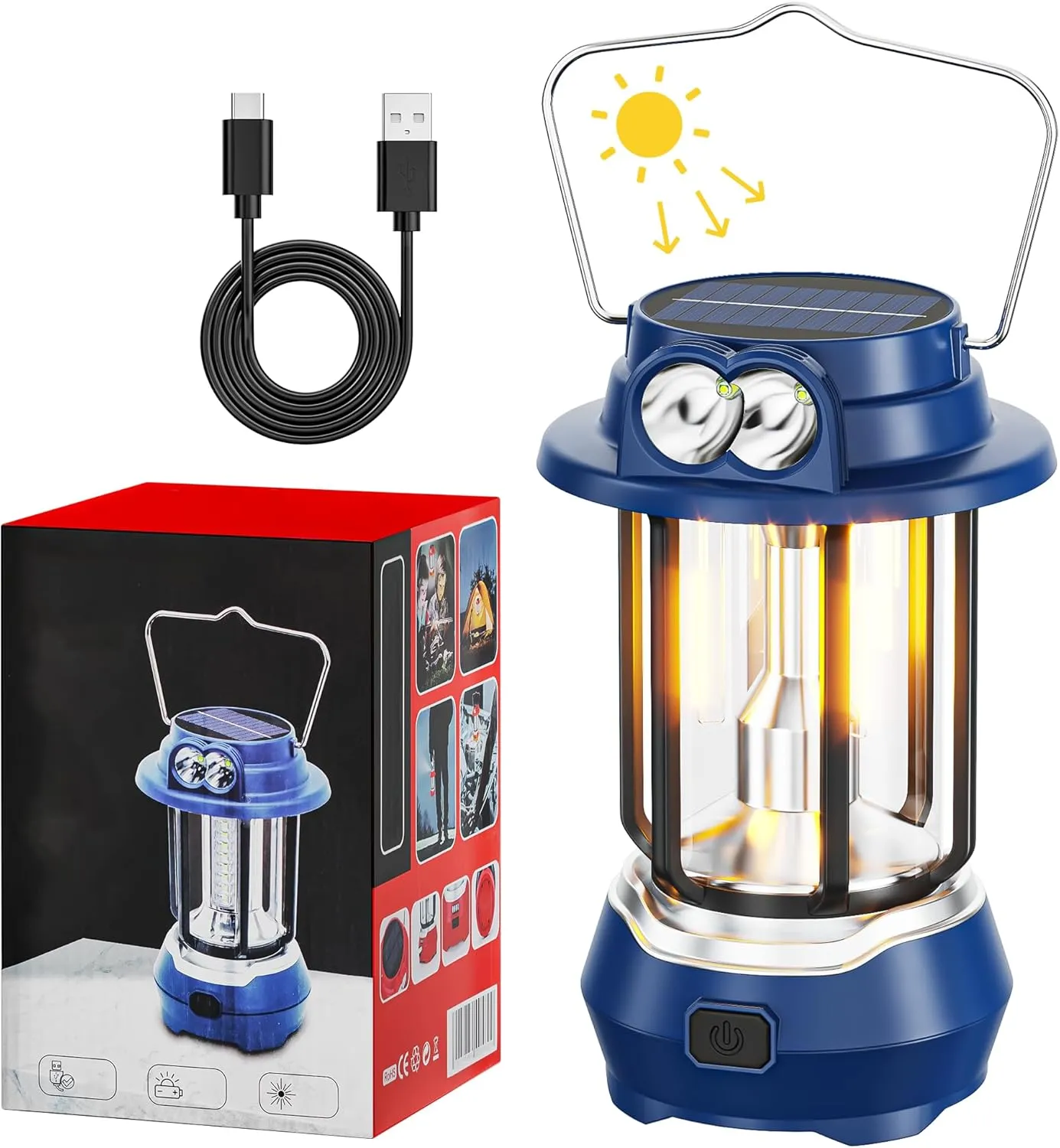 HOMY 800LM Solar Camping Lantern with Fixed Spotlight, 5 Modes USB-C/Solar Powered & Water Resistant for Tents, Hiking, Emergencies