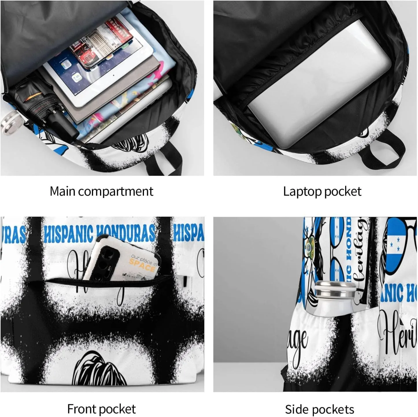 Honduras Flag Hispanic Heritage Month Messy Bun Large Travel Backpack Casual Backpacks Laptop Daypack Working Rucksack Lightweight Back Pack Sports Bag with Adjustable Shoulder Strap