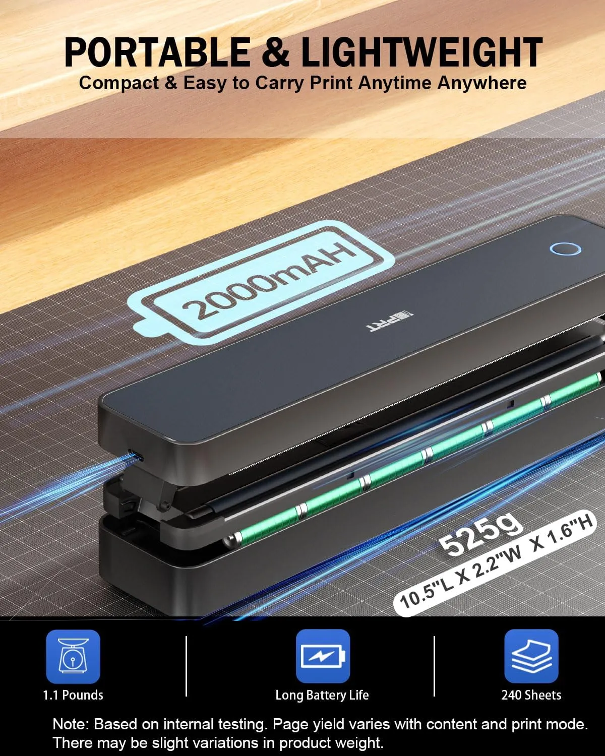 iDPRT Inkless Portable Printer for Travel, Wireless Thermal Printer Supports 8.5 x 11 Inch US Letter Size, 300DPI Bluetooth Printers Compatible with iOS, Android & Laptop for Office Car Home, Black