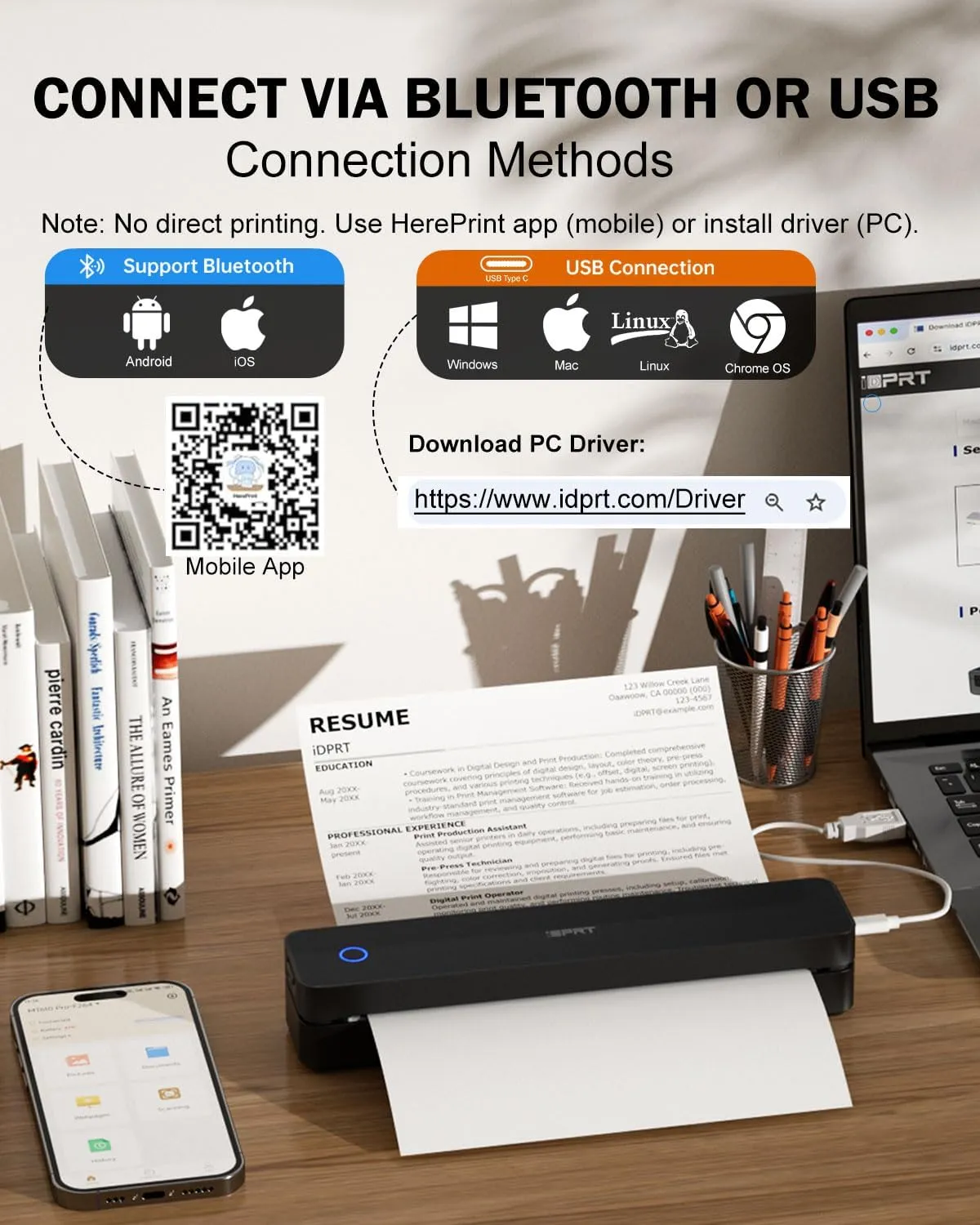 iDPRT Inkless Portable Printer for Travel, Wireless Thermal Printer Supports 8.5 x 11 Inch US Letter Size, 300DPI Bluetooth Printers Compatible with iOS, Android & Laptop for Office Car Home, Black