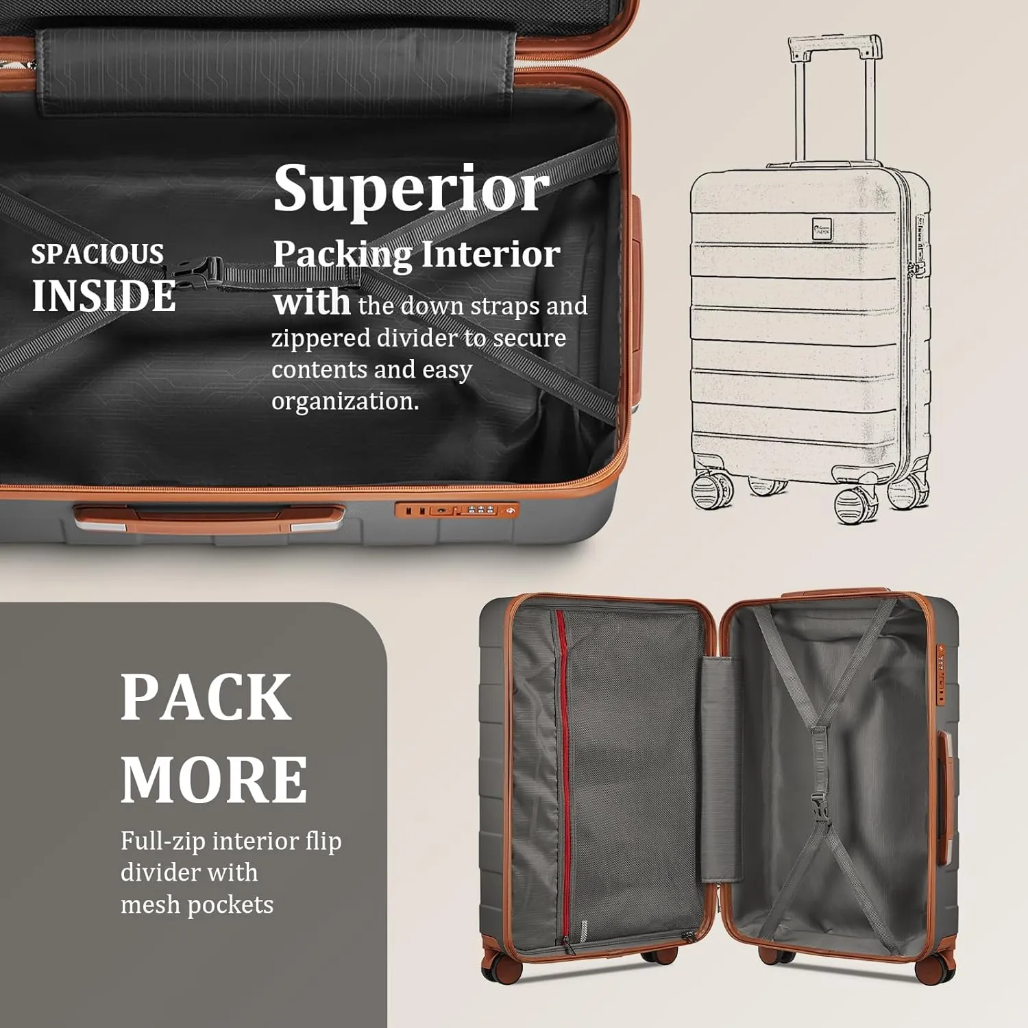 imiomo 3 Piece Luggage Sets,Suitcase with Spinner Wheels,Luggage Set Clearance for Women, Lightweight Rolling Hardside Travel Luggage with TSA Lock (Large Luggage 28IN, Grey)