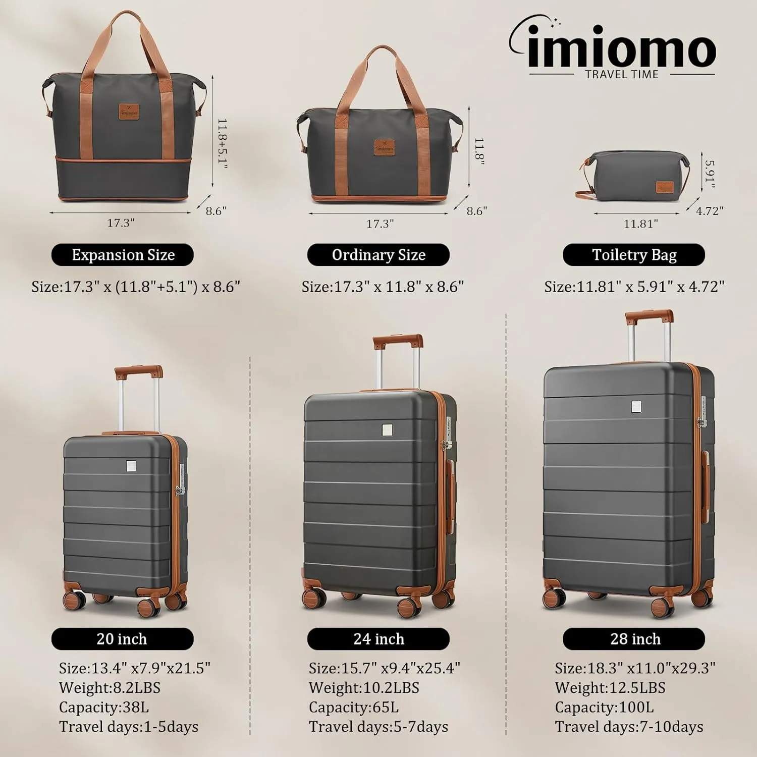 imiomo 3 Piece Luggage Sets,Suitcase with Spinner Wheels,Luggage Set Clearance for Women, Lightweight Rolling Hardside Travel Luggage with TSA Lock (Large Luggage 28IN, Grey)