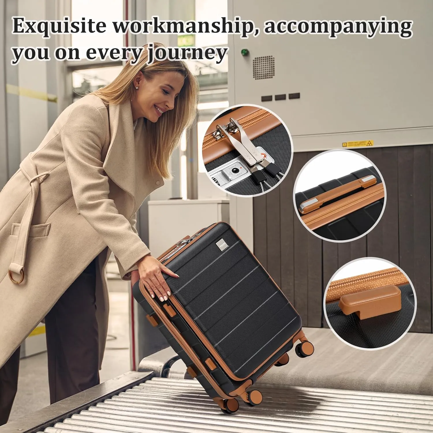 imiomo Luggage Sets 2 Piece with Spinner Wheels and Front Open Pocket, Lightweight Hardside Carry on and Check Travel Suitcase Set with TSA Lock and YKK Zipper, 20/24, Black