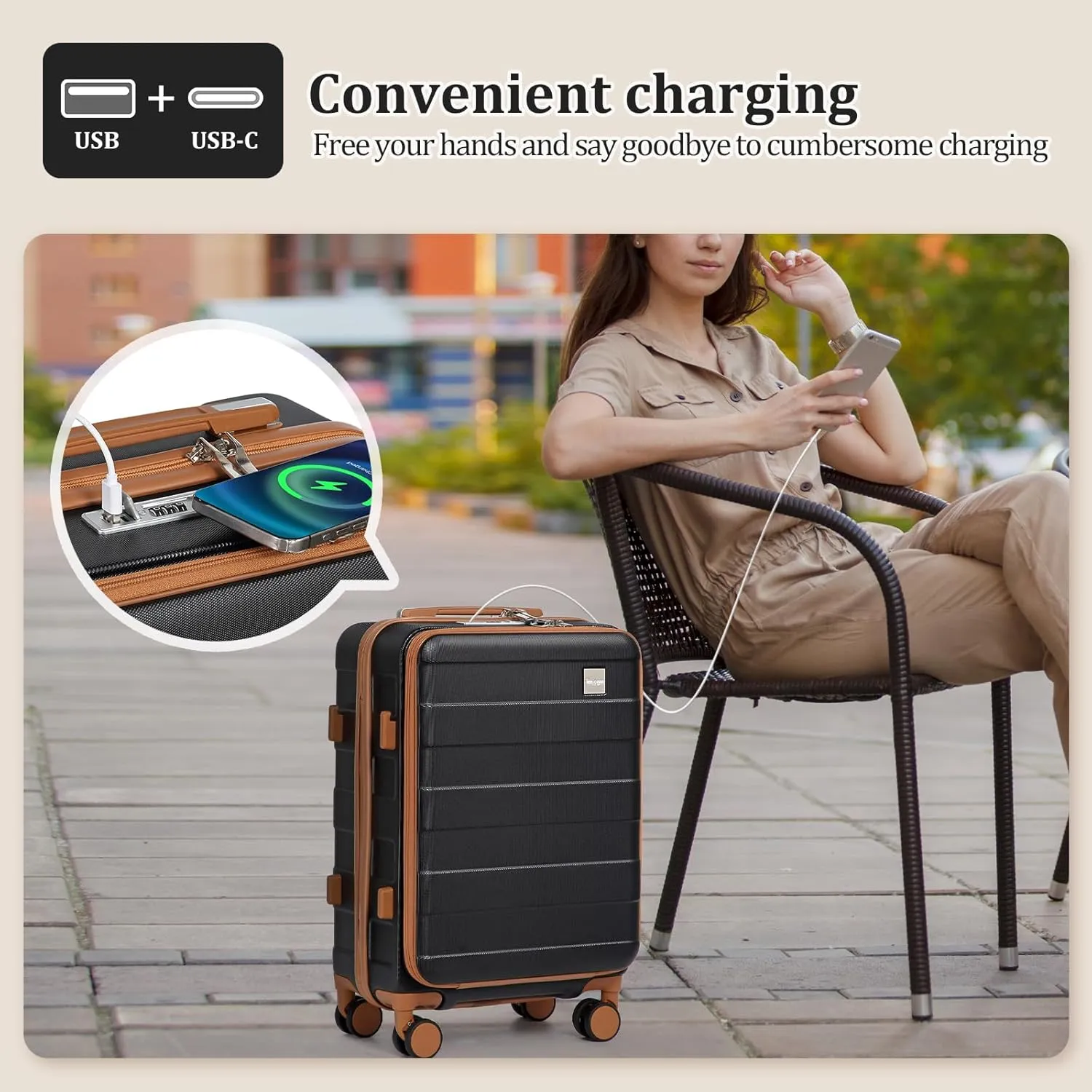 imiomo Luggage Sets 2 Piece with Spinner Wheels and Front Open Pocket, Lightweight Hardside Carry on and Check Travel Suitcase Set with TSA Lock and YKK Zipper, 20/24, Black