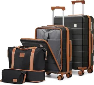 imiomo Luggage Sets 2 Piece with Spinner Wheels and Front Open Pocket, Lightweight Hardside Carry on and Check Travel Suitcase Set with TSA Lock and YKK Zipper, 20/24, Black