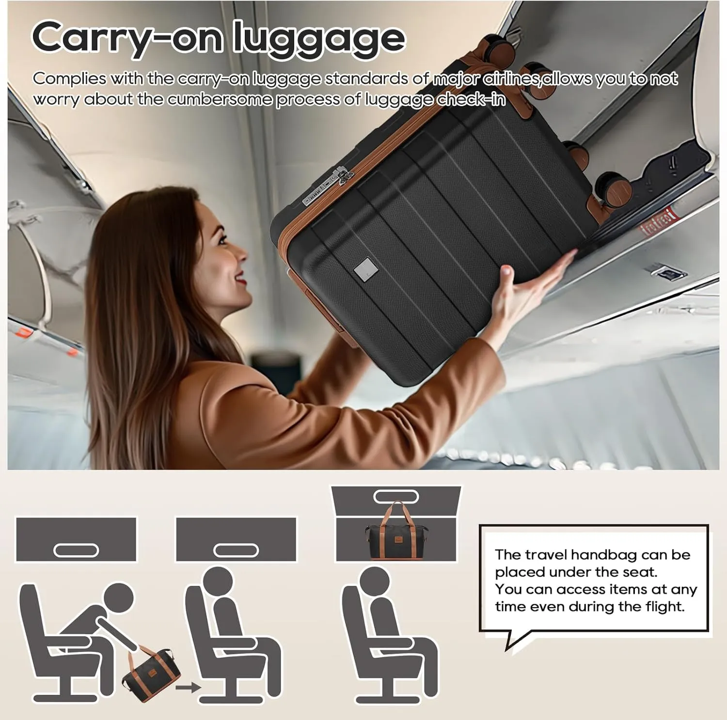 imiomo Luggage Sets 2 Piece with Spinner Wheels and Front Open Pocket, Lightweight Hardside Carry on and Check Travel Suitcase Set with TSA Lock and YKK Zipper, 20/24, Black