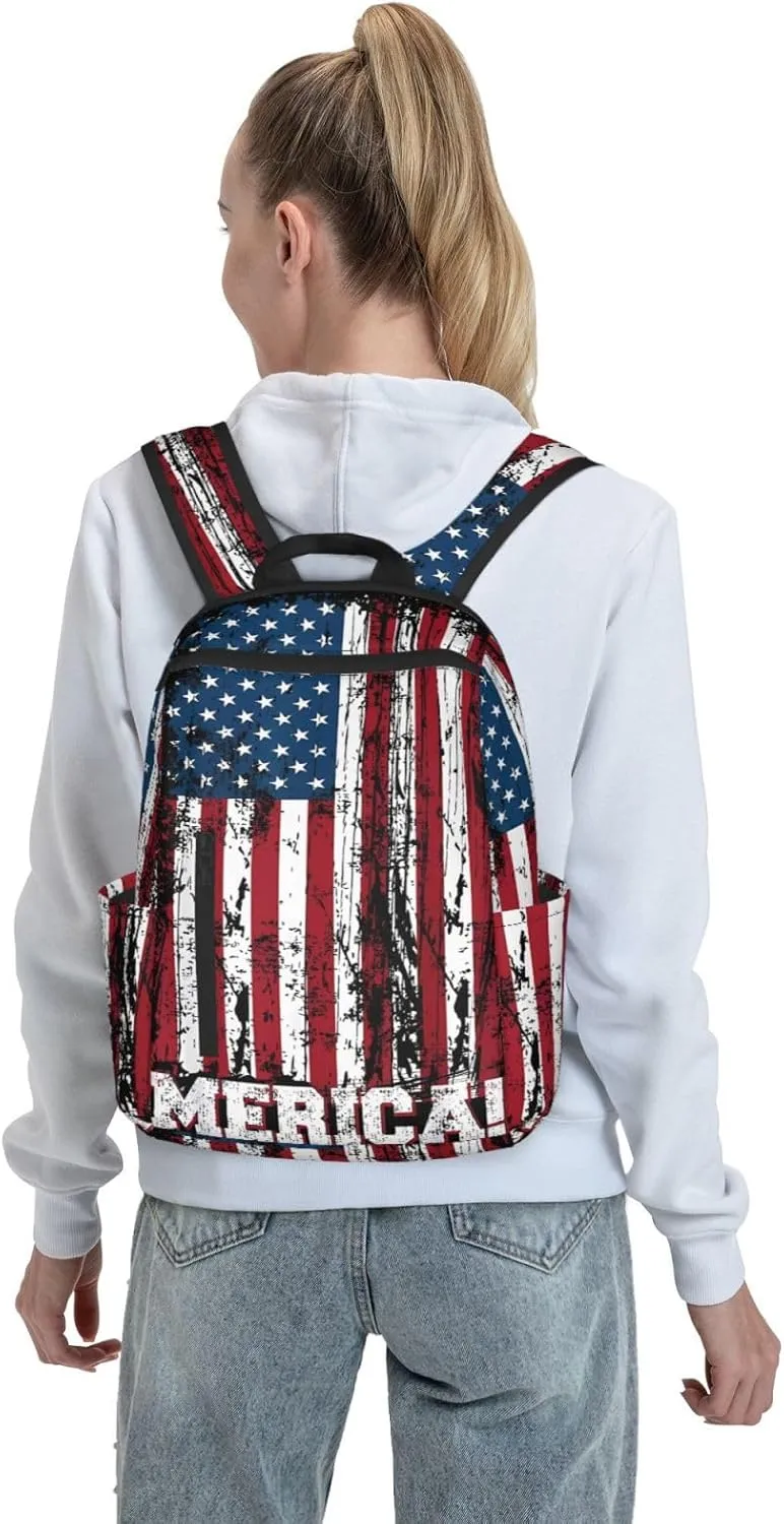 Independence Day American Flag Patriotic Casual Backpacks Laptop Backpack Outdoor Travel Rucksack Sport Carry-On Daypack Lightweight Bag with Multi-Pockets