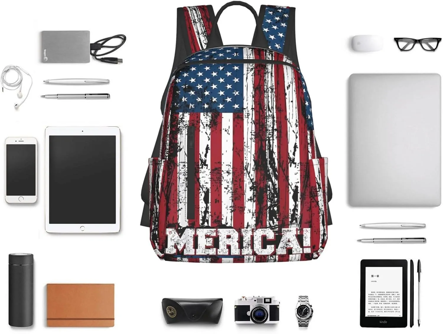 Independence Day American Flag Patriotic Casual Backpacks Laptop Backpack Outdoor Travel Rucksack Sport Carry-On Daypack Lightweight Bag with Multi-Pockets