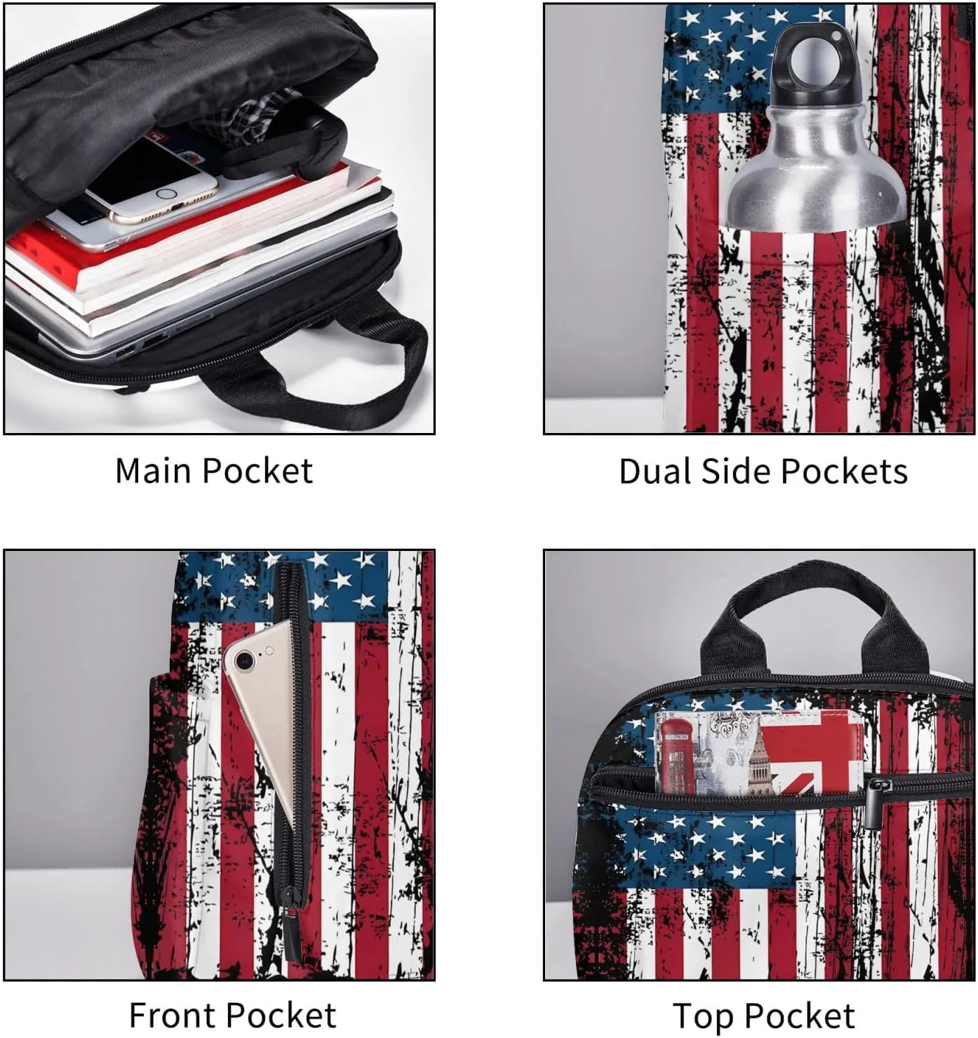 Independence Day American Flag Patriotic Casual Backpacks Laptop Backpack Outdoor Travel Rucksack Sport Carry-On Daypack Lightweight Bag with Multi-Pockets