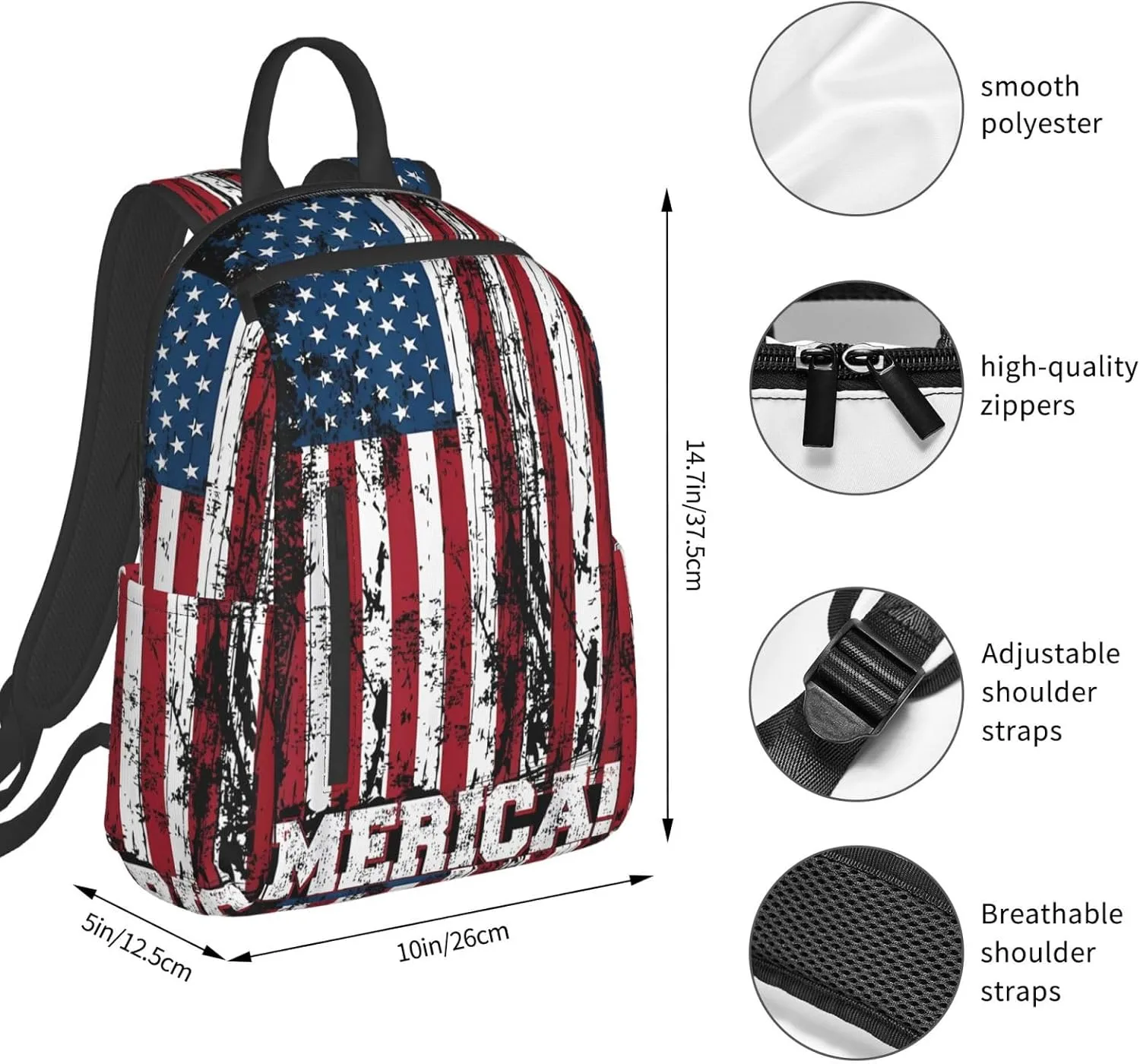 Independence Day American Flag Patriotic Casual Backpacks Laptop Backpack Outdoor Travel Rucksack Sport Carry-On Daypack Lightweight Bag with Multi-Pockets