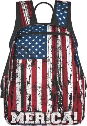 Independence Day American Flag Patriotic Casual Backpacks Laptop Backpack Outdoor Travel Rucksack Sport Carry-On Daypack Lightweight Bag with Multi-Pockets