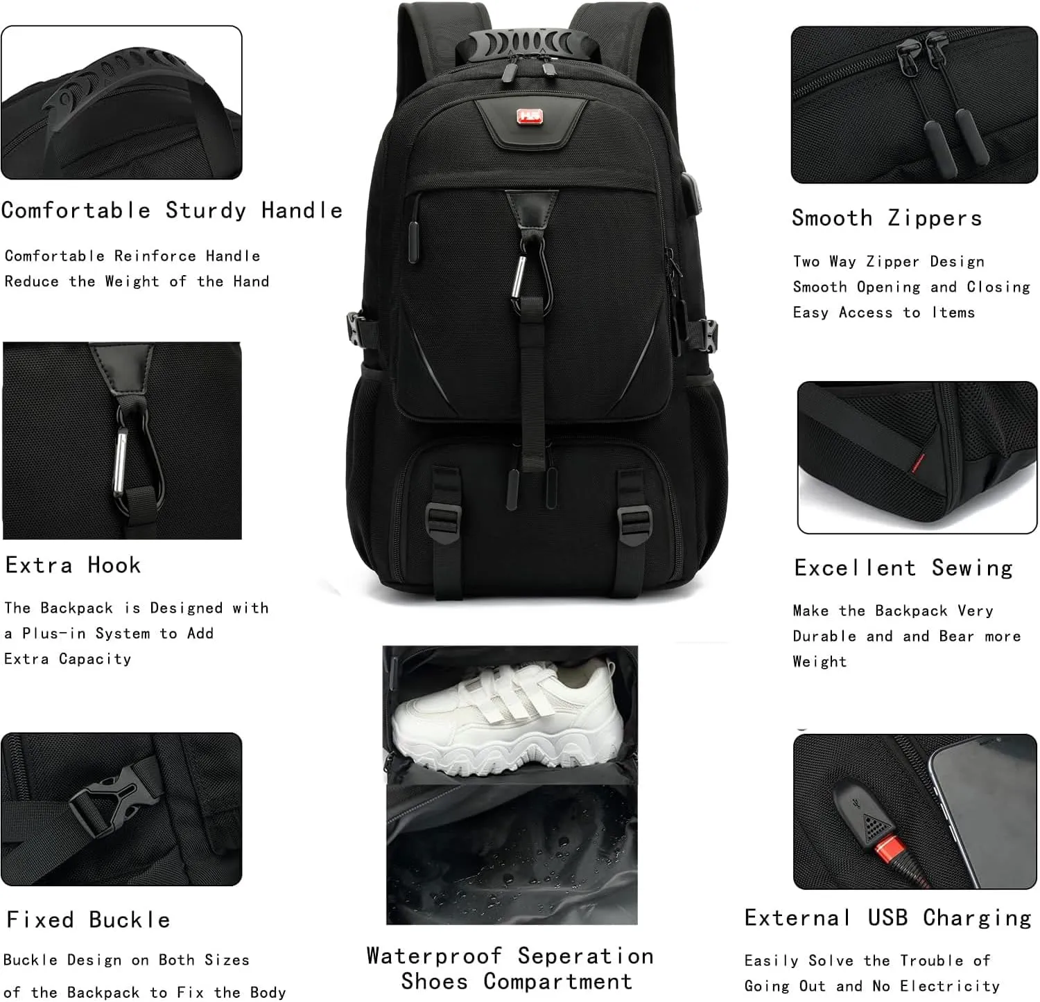 INSAVANT Travel Backpack for Mens 17.3 Inch with Laptop Sleeve and Shoe Compartment, Computer Backpacks with USB Charging Port, Durable Hiking Work Business Daypack for Women(17.3 Inch Black)