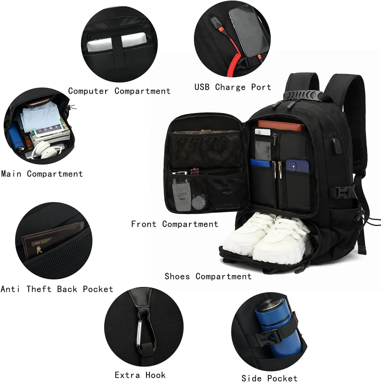 INSAVANT Travel Backpack for Mens 17.3 Inch with Laptop Sleeve and Shoe Compartment, Computer Backpacks with USB Charging Port, Durable Hiking Work Business Daypack for Women(17.3 Inch Black)