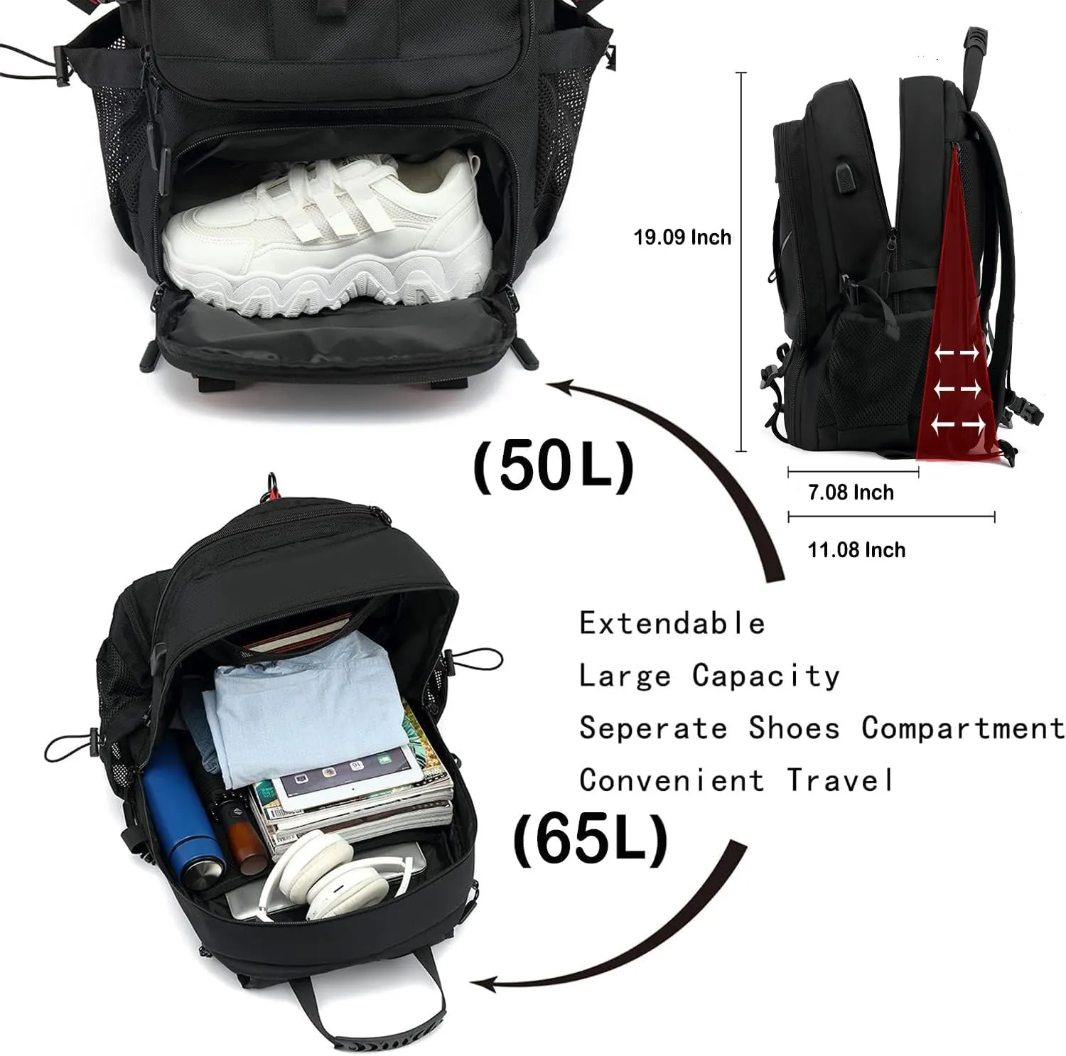 INSAVANT Travel Backpack for Mens 17.3 Inch with Laptop Sleeve and Shoe Compartment, Computer Backpacks with USB Charging Port, Durable Hiking Work Business Daypack for Women(17.3 Inch Black)