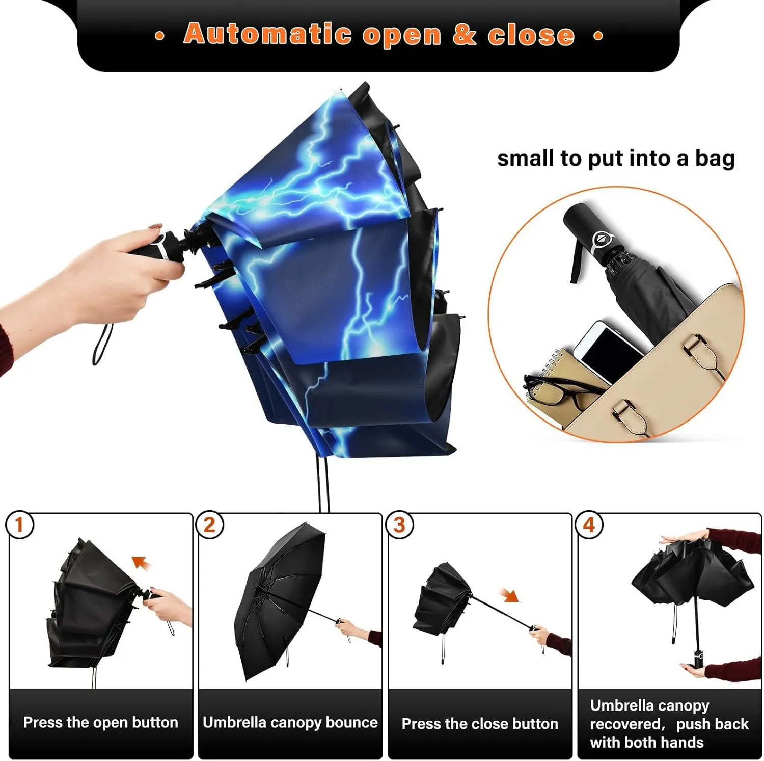 Inverted Umbrella, Windproof UV Protection Sun RainAutomatic Umbrella Compact Umbrella Reverse Umbrella for Women Men, Travel Folding Umbrella with Cover Bag