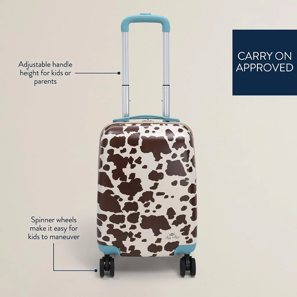 Itzy Ritzy Toddler Suitcase with Adjustable Handle, 360-Degree Spinner Wheels, 2 Interior Compartments and Hard Shell Design; Perfect Kids Luggage with Wheels for Ages 3 and Up (Cow Print)