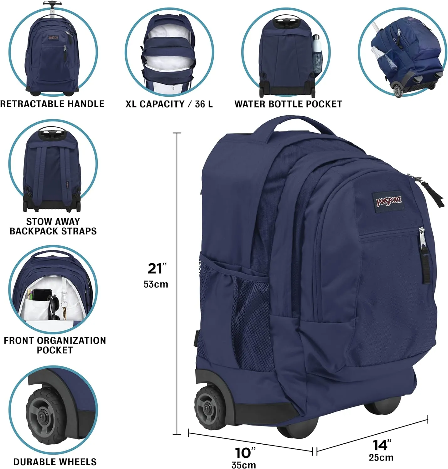 JanSport Driver 8 Rolling Backpack - Wheeled Travel Bag with 15-Inch Laptop Sleeve, One Size, Lucky Bandanna