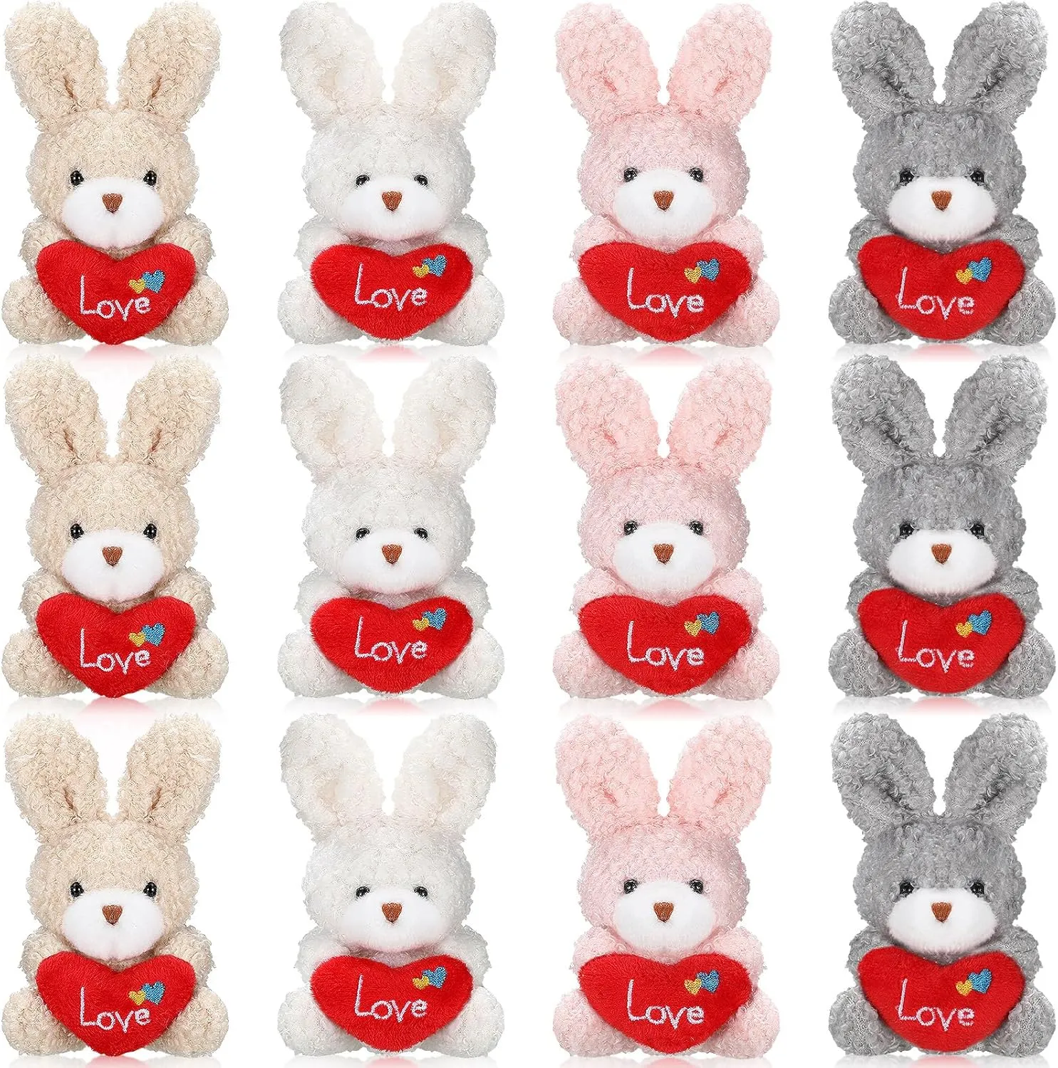 Jexine 12 Pcs Valentines Bunny Mini Plush Stuffed Heart Animal Bulk 4 Inch Small Animal Toys Stuffer for DIY Kids Birthday Carnival Classroom Prizes Gift Goodie Bag Filler