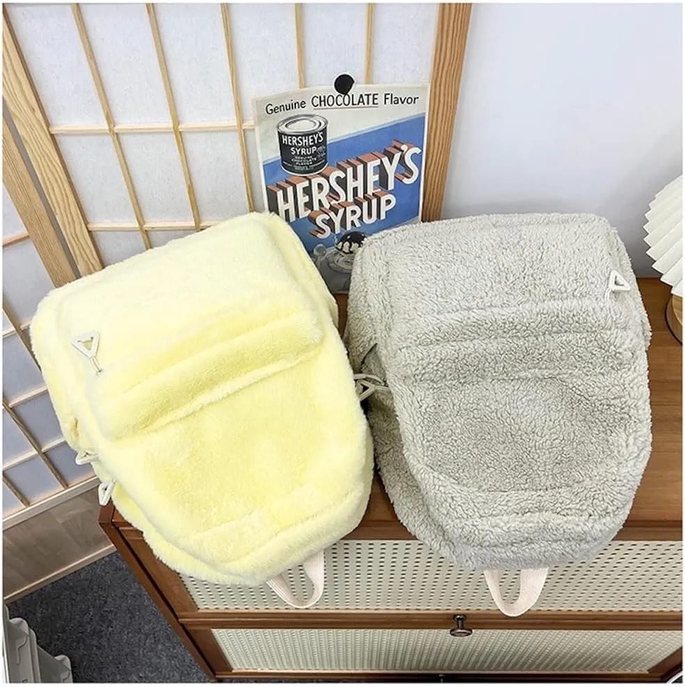 JHTPSLR Small Fuzzy Backpack Solid Furry Backpack Soft Plush Mini Backpack Mochila Pequeña Cute Aesthetic Lightweight Casual Daypack (Light Yellow)