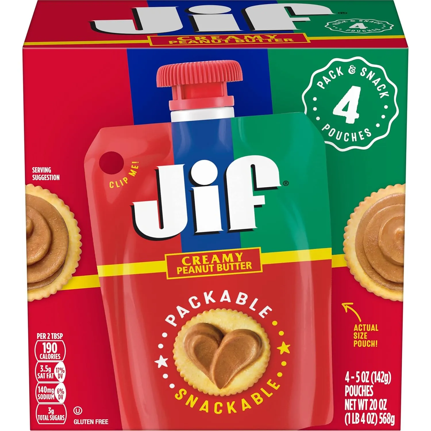 Jif Squeeze Creamy Peanut Butter, Resealable Pouches, 5 Ounces (Pack of 24)