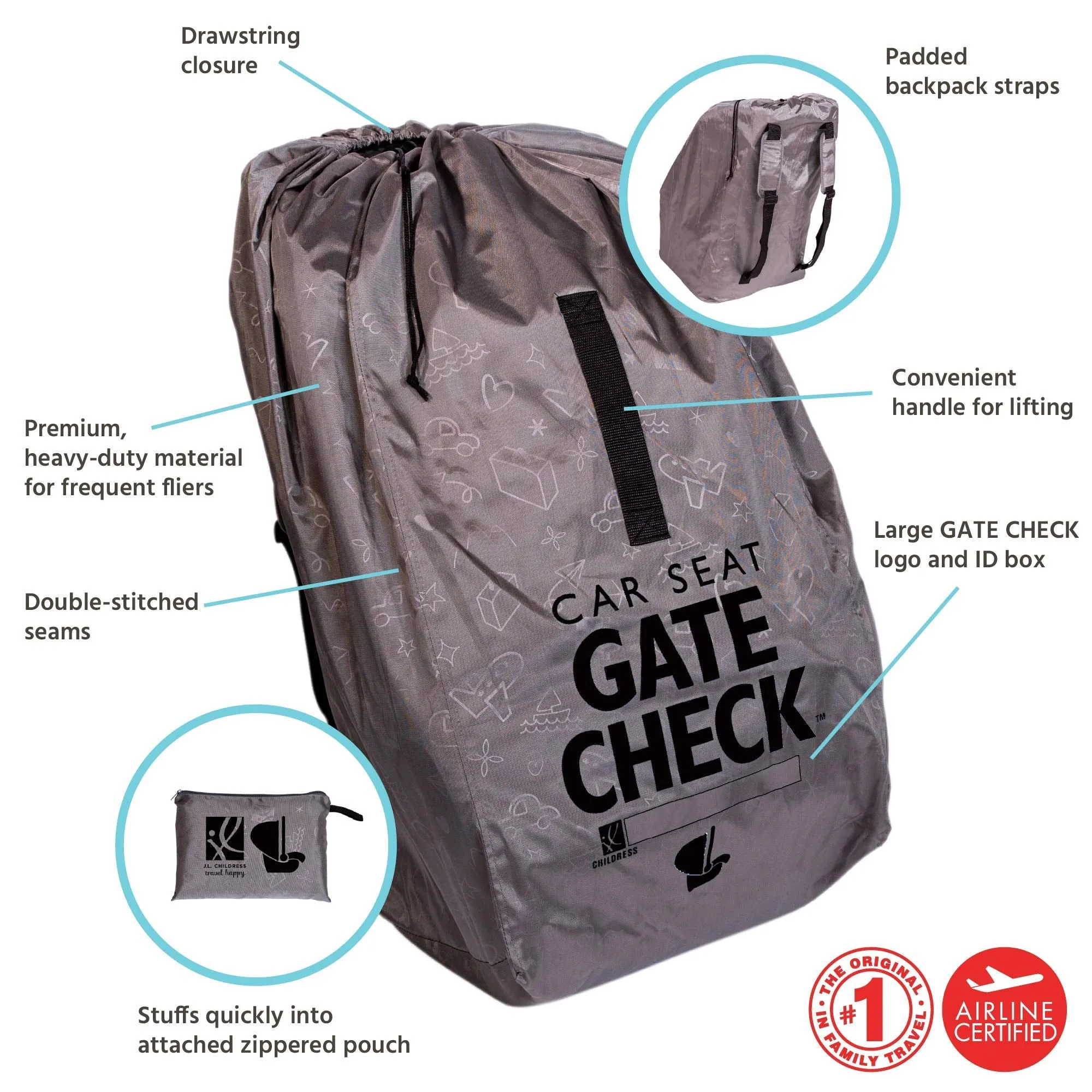 J.L Childress DELUXE Gate Check Bag for Car Seats - Premium Heavy-Duty Durable Air Travel Bag, Backpack Straps - Fits Convertible Car Seats, Infant carriers & Booster Seats