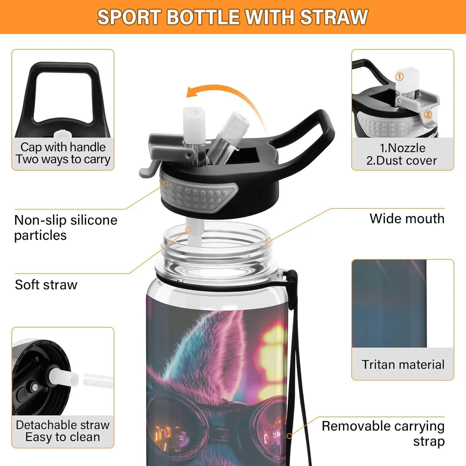 Joisal Cool Punk Rabbit 32 Oz Water Bottle with Straw Leakproof Portable Water Bottle for Sports, Cycling, Bike