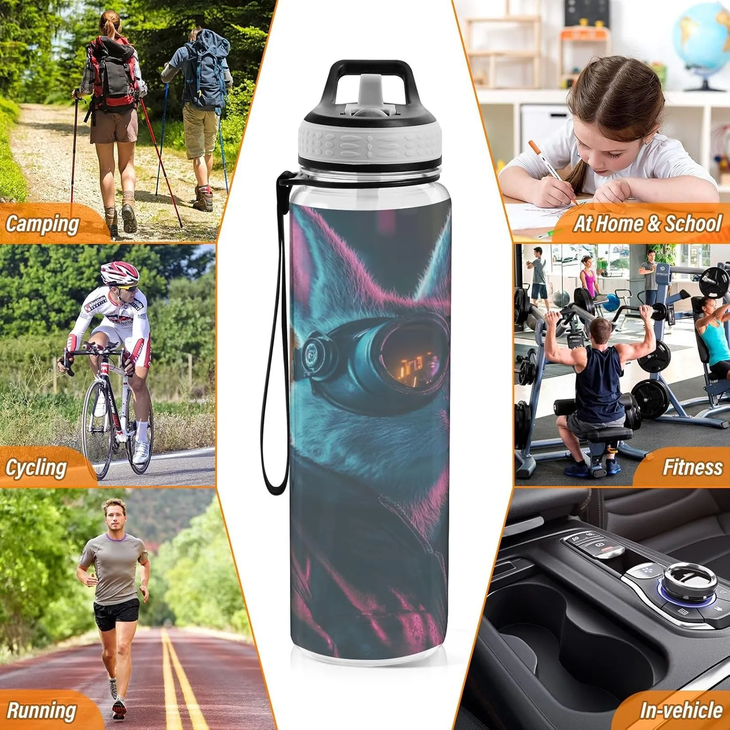 Joisal Cool Punk Rabbit 32 Oz Water Bottle with Straw Leakproof Portable Water Bottle for Sports, Cycling, Bike