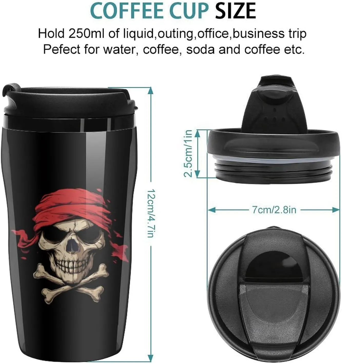 Jolly Roger Piratees Skull Crossbones Coffee Mug with Lid Portable Tumbler Water Bottle for Travel Business 250ml