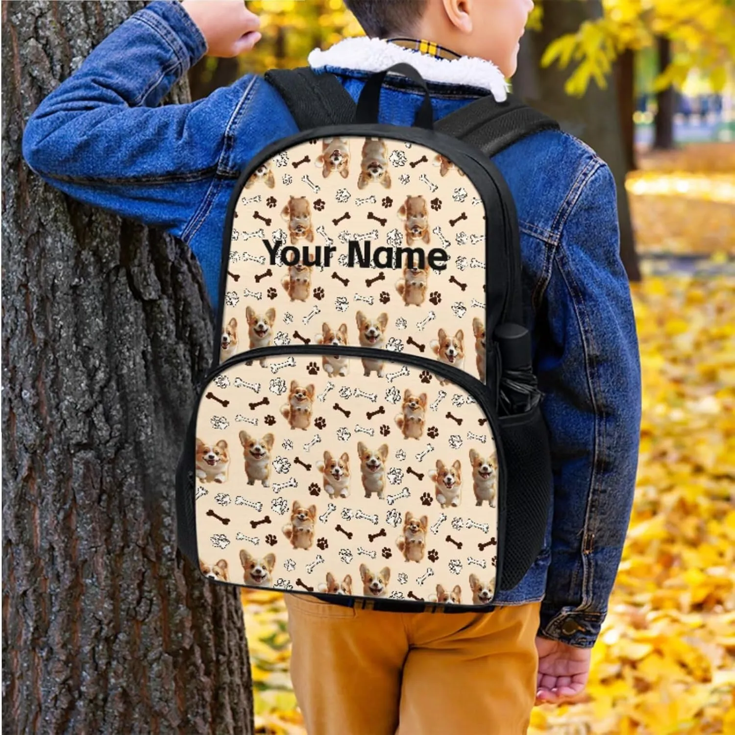 JoyLamoria Kids Custom Backpack 3pcs Corgi Paw Bone Lunch Bag Pencil Case Portable Lightweight Personalized Adjustable Shoulder Strap School Bags Outdoor