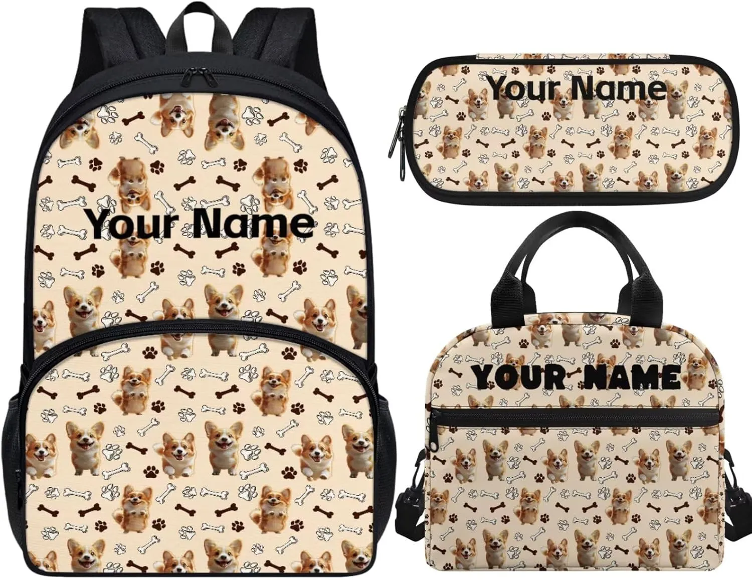 JoyLamoria Kids Custom Backpack 3pcs Corgi Paw Bone Lunch Bag Pencil Case Portable Lightweight Personalized Adjustable Shoulder Strap School Bags Outdoor