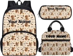 JoyLamoria Kids Custom Backpack 3pcs Corgi Paw Bone Lunch Bag Pencil Case Portable Lightweight Personalized Adjustable Shoulder Strap School Bags Outdoor