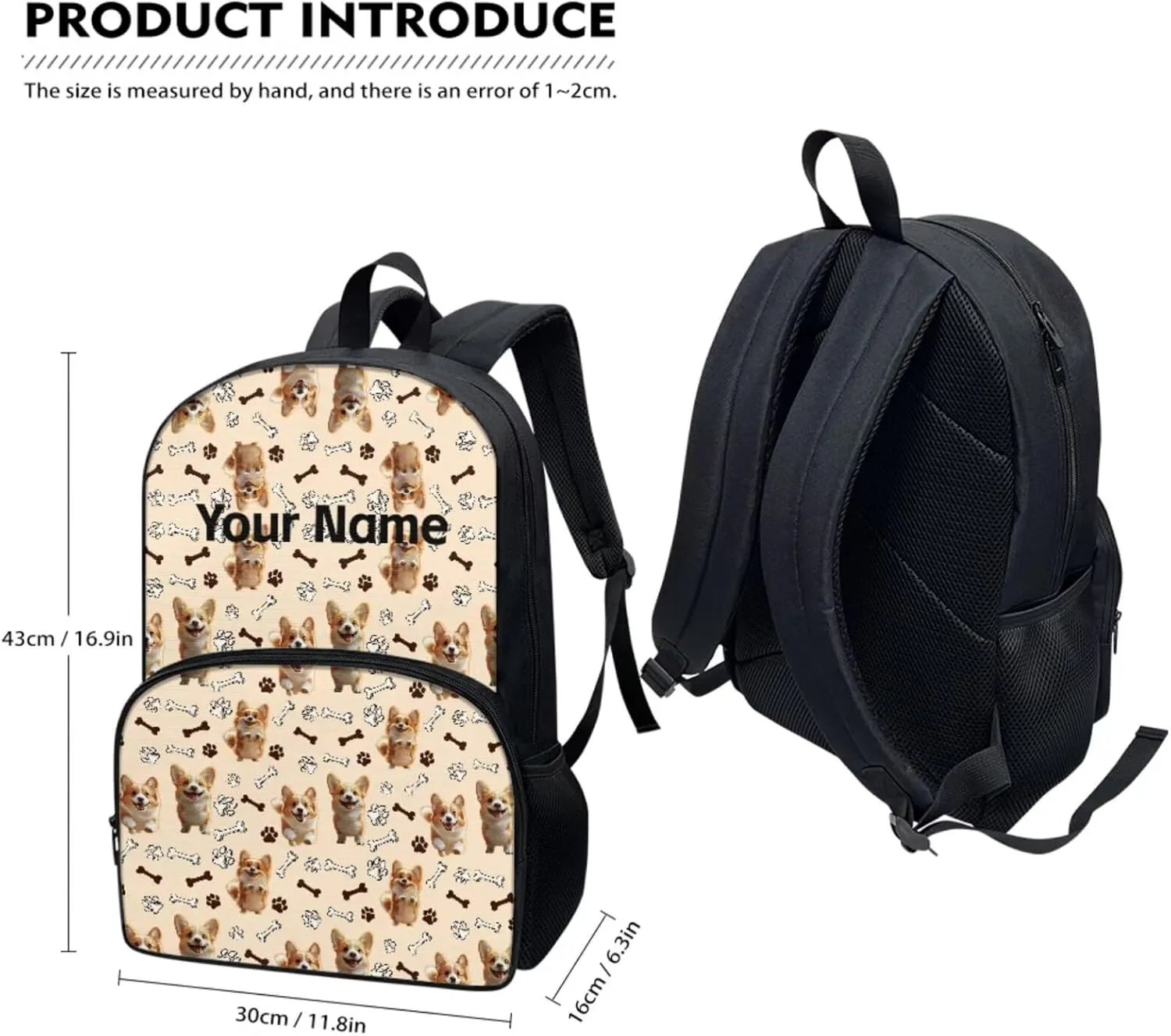 JoyLamoria Kids Custom Backpack 3pcs Corgi Paw Bone Lunch Bag Pencil Case Portable Lightweight Personalized Adjustable Shoulder Strap School Bags Outdoor