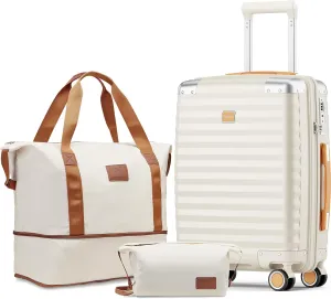 Joyway Carry On Luggage, 20 IN Suitcase Hardside Checked with TSA Lock, Spinner Double Wheels for Men and Women with Bag 3PCS, Cream Color