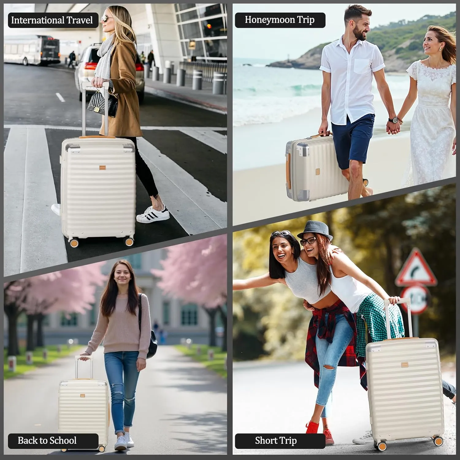 Joyway Carry On Luggage, 20 IN Suitcase Hardside Checked with TSA Lock, Spinner Double Wheels for Men and Women with Bag 3PCS, Cream Color