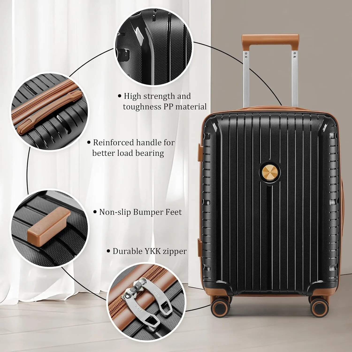Joyway Luggage Sets 6 Piece PP Hardside Carry on Suitcase with Spinner Wheels and TSA Lock for Travel, Black Brown