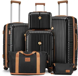 Joyway Luggage Sets 6 Piece PP Hardside Carry on Suitcase with Spinner Wheels and TSA Lock for Travel, Black Brown