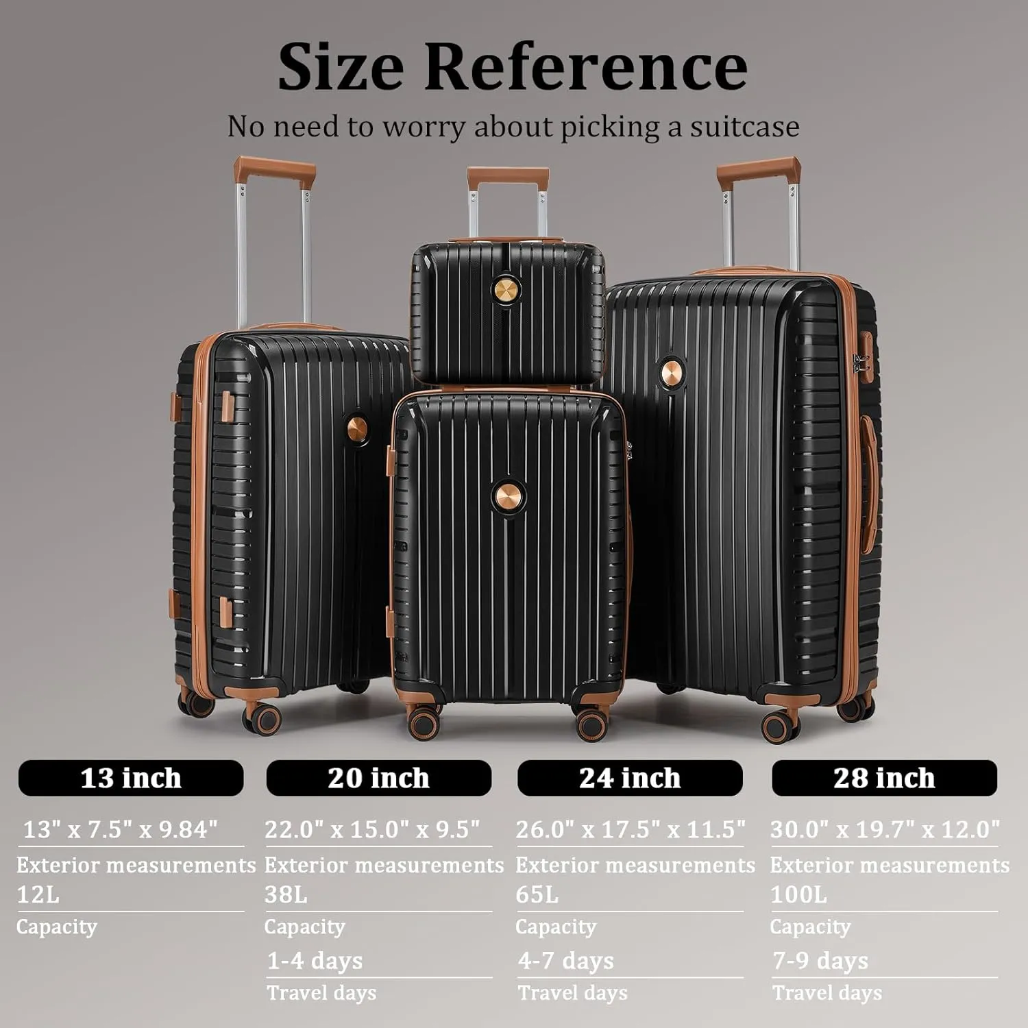 Joyway Luggage Sets 6 Piece PP Hardside Carry on Suitcase with Spinner Wheels and TSA Lock for Travel, Black Brown