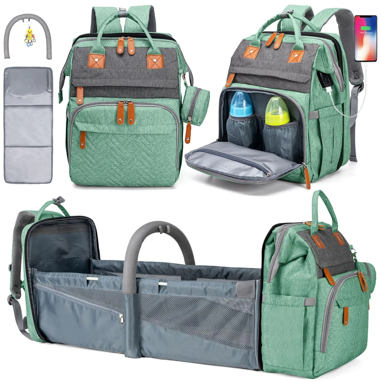 KABAQOO Diaper Bag Backpack, Large Baby Diaper Bags for Boys Girls, Baby Bag with USB Charging Port, Multifunction Waterproof Travel Back Pack for Moms Dads, Green Grey