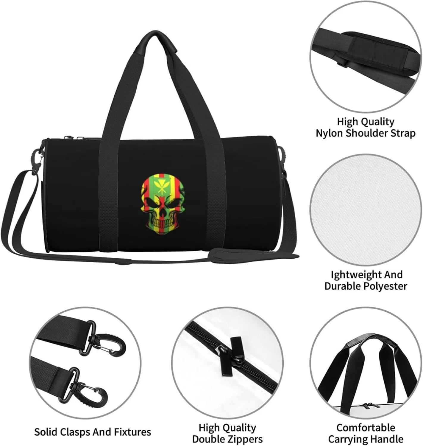 Kanaka Maoli Native Hawaiian Flag Skull Travel Luggage Duffel Bag Sports Rolling Foldable Duffel Bag, Black