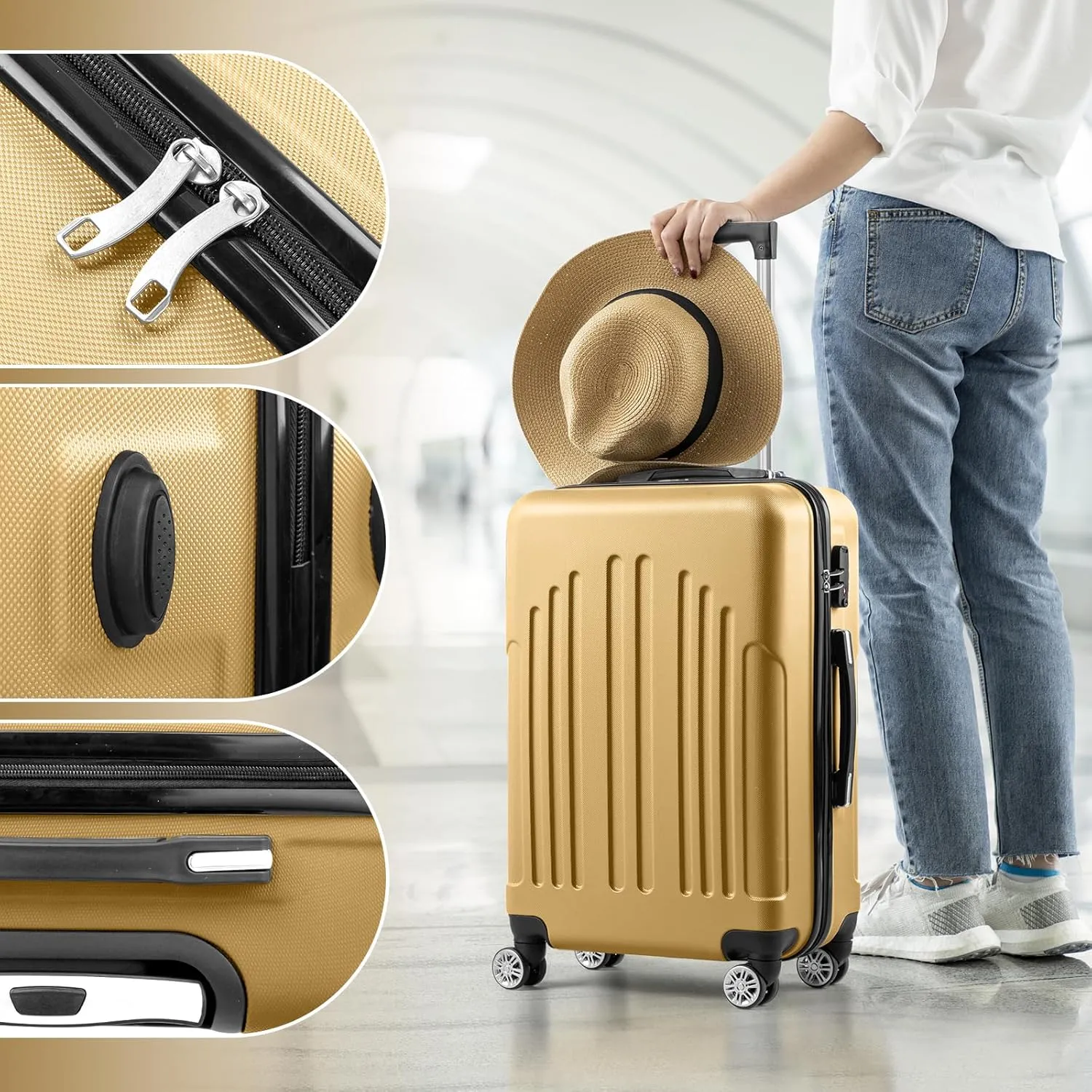 Karl home Luggage Set of 4 Hardside Suitcase Sets with TSA Lock 4 Spinner Wheels, ABS Lightweight Trolley Travel Case for Carry On Check-in Business Trip, Yellow (16/20/24/28)