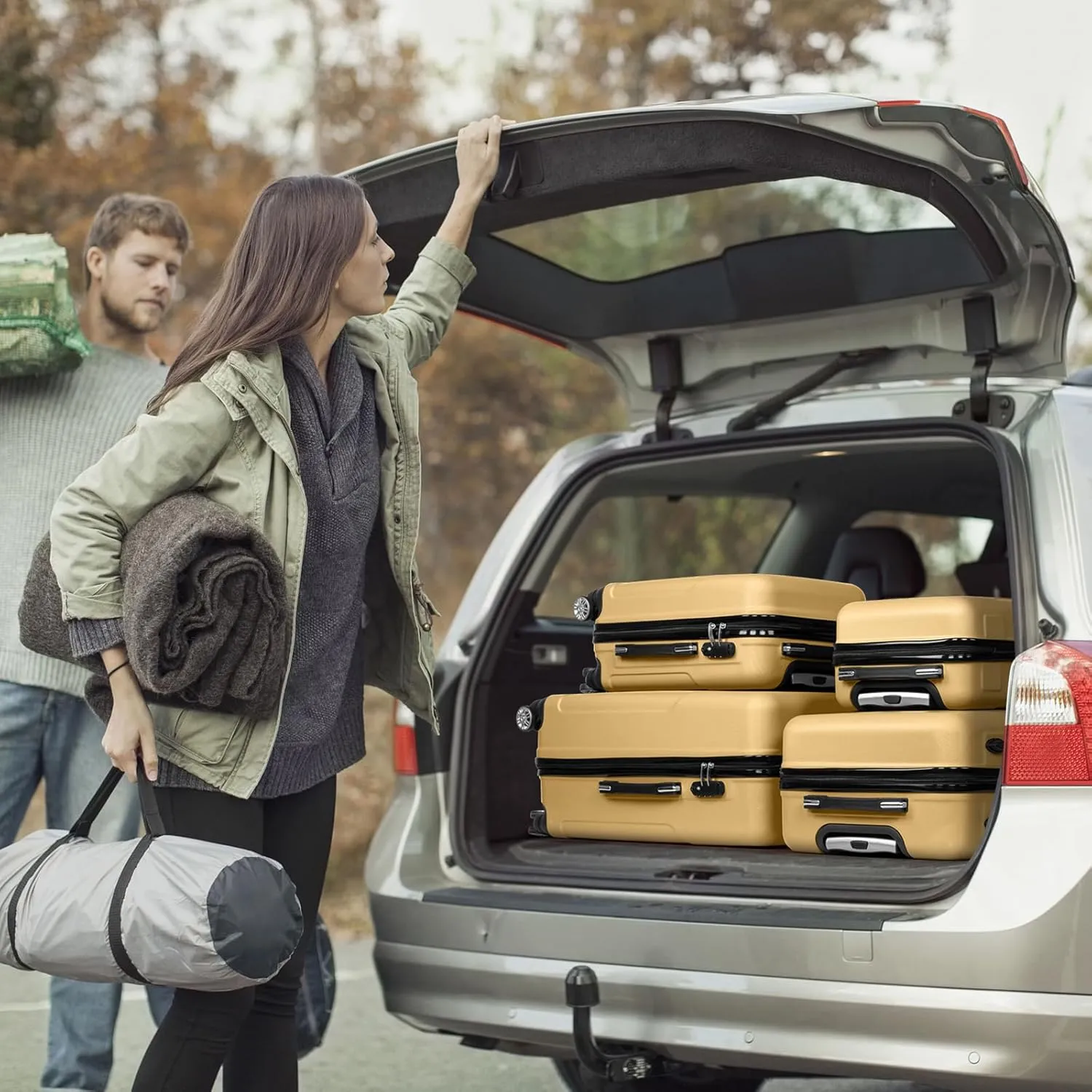 Karl home Luggage Set of 4 Hardside Suitcase Sets with TSA Lock 4 Spinner Wheels, ABS Lightweight Trolley Travel Case for Carry On Check-in Business Trip, Yellow (16/20/24/28)